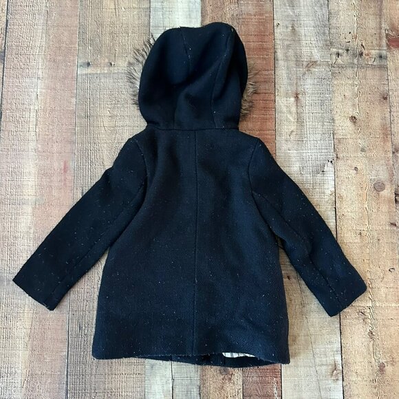 Faux Fur Hooded Black Coat With Snap Buttons & Pockets - Picture 10 of 10